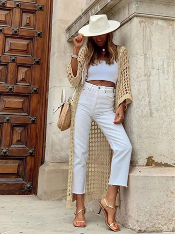 Cardigan tricotat din acrilic, model decupat, croială lejeră, mâneci lungi, lungime lungă, 95% acrilic
