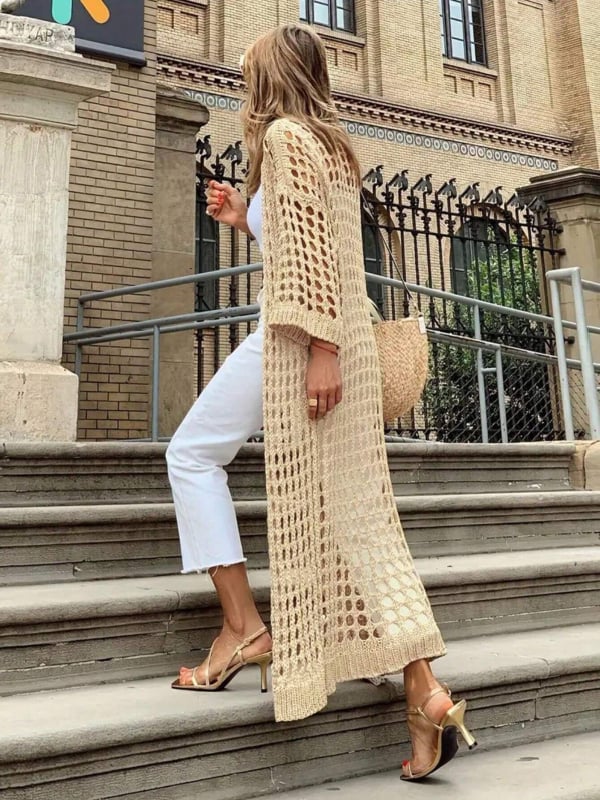 Cardigan tricotat din acrilic, model decupat, croială lejeră, mâneci lungi, lungime lungă, 95% acrilic