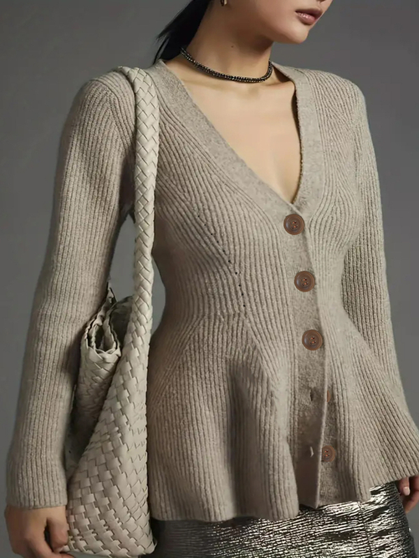 Moteriškas megztinis kardiganas – elegantiškas, vientisas raštas, poliesteris, ilgomis rankovėmis, vidutinio ilgio, laisvas kirpimas