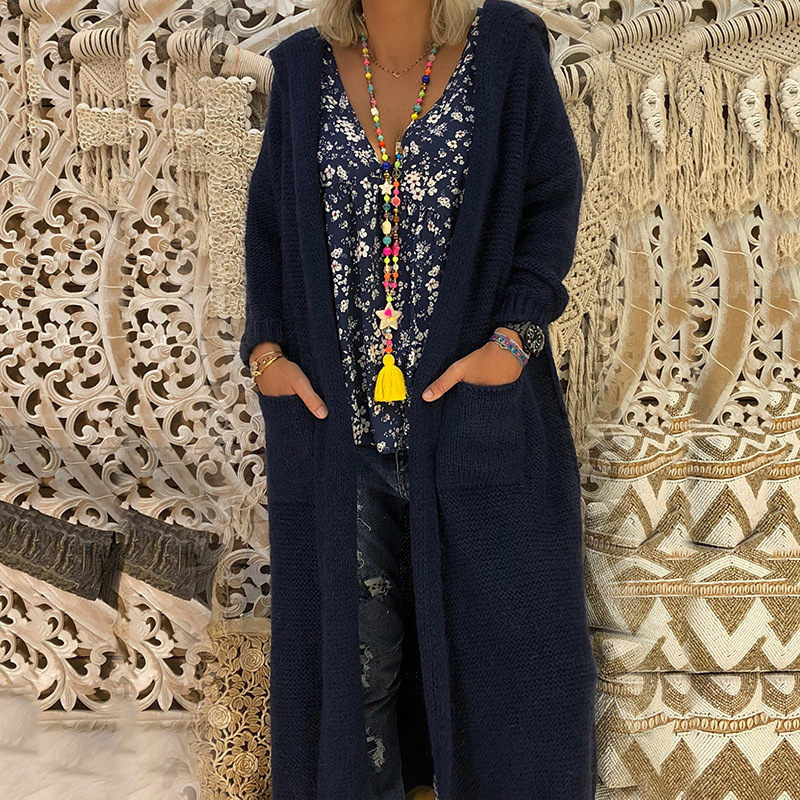 Női pamut kötött kapucnis kardigán, lazán szabott, hosszú ujjú, egyszínű