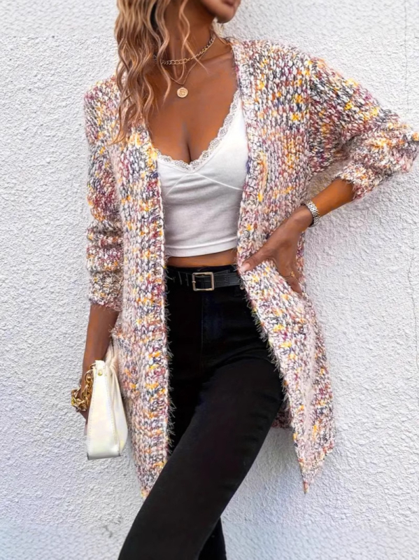 Moteriškas laisvas megztas kardiganas su ilgomis rankovėmis, atvira apykaklė, poliesteris (95%+), Žiema 2024