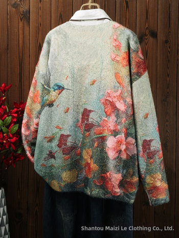 Moterų megztinis-paltas su gyvūnų raštu, poliesterio audinys, koliažo siuvimo detalės, japonų-korejiečių laisvalaikio stilius, vidutinio ilgio, V kaklo, ilgos rankovės