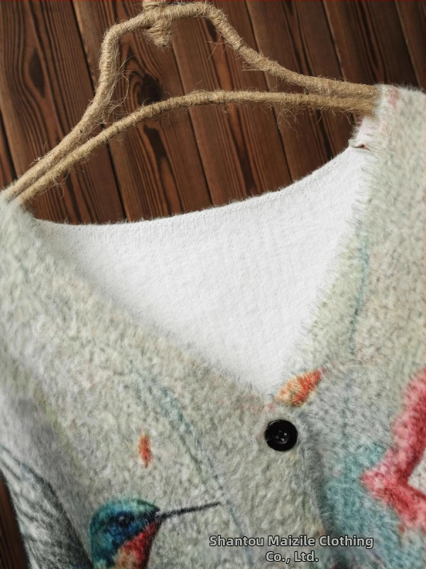 Дамско палто-пуловер с животински принт, полиестерова материя, колажни шевни детайли, японско-корейски свободен стил, средна дължина, V-образно деколте, дълги ръкави