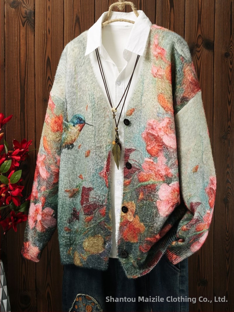 Moterų megztinis-paltas su gyvūnų raštu, poliesterio audinys, koliažo siuvimo detalės, japonų-korejiečių laisvalaikio stilius, vidutinio ilgio, V kaklo, ilgos rankovės