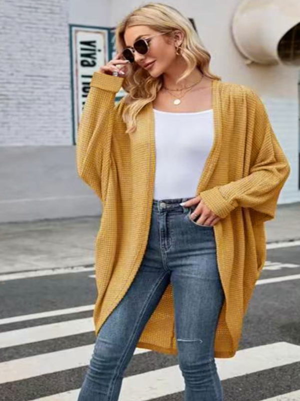 Poliesterio megztinis kardiganas, ilgomis rankovėmis, atvira apykaklė, laisvas kirpimas, ilgis 80–100 cm
