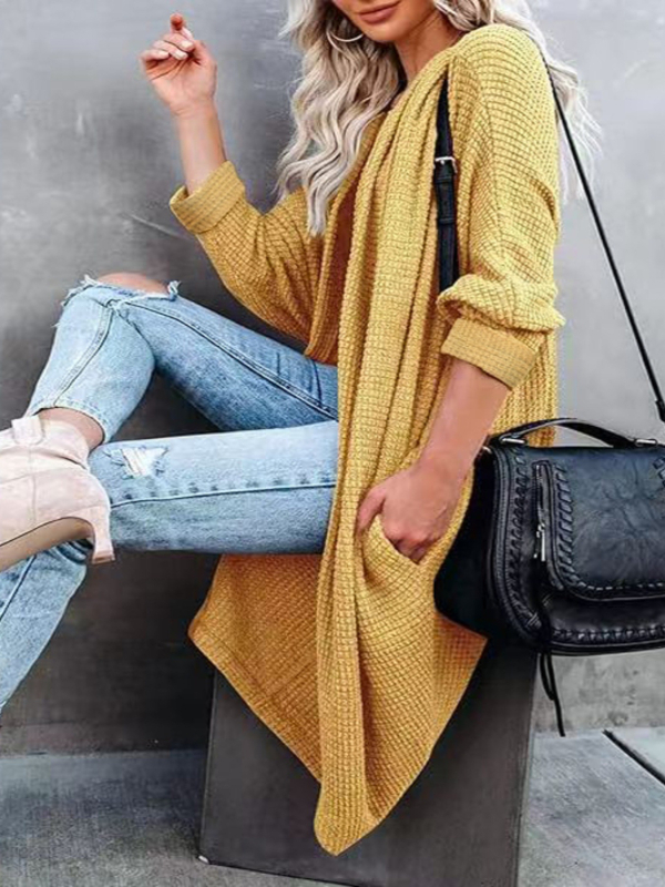 Poliesterio megztinis kardiganas, ilgomis rankovėmis, atvira apykaklė, laisvas kirpimas, ilgis 80–100 cm