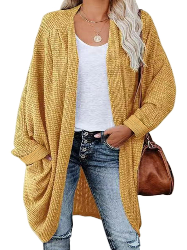 Poliesterio megztinis kardiganas, ilgomis rankovėmis, atvira apykaklė, laisvas kirpimas, ilgis 80–100 cm