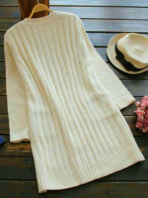 Moterų poliesterio megztinis kardiganas, atvira apykaklė, ilgomis rankovėmis, vidutinio ilgio