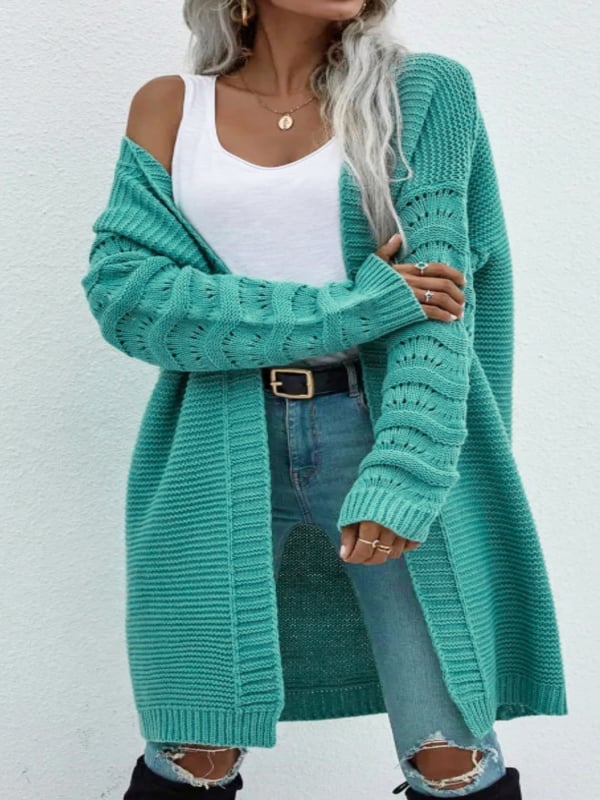 Moteriškas kardiganas iš poliesterio, ilgomis rankovėmis, ilgas siluetas, elegantiškas stilius