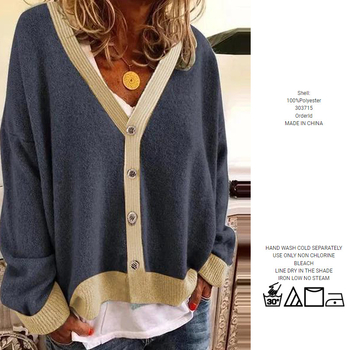 Moteriški vidutinio ilgio kardiganas su spalvų derinimo raštu, vilnonė medžiaga, poliesterio pluošto ir spandekso mišinys, ilgos rankovės, koliažinis siuvimas