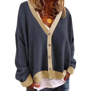 Moteriški vidutinio ilgio kardiganas su spalvų derinimo raštu, vilnonė medžiaga, poliesterio pluošto ir spandekso mišinys, ilgos rankovės, koliažinis siuvimas