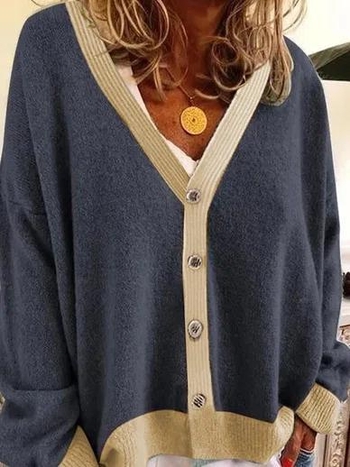 Moteriški vidutinio ilgio kardiganas su spalvų derinimo raštu, vilnonė medžiaga, poliesterio pluošto ir spandekso mišinys, ilgos rankovės, koliažinis siuvimas