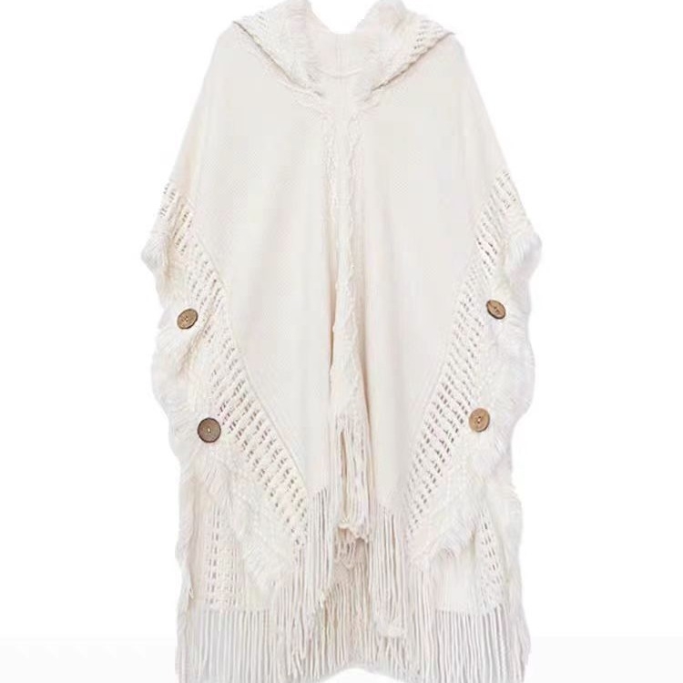 Akril bohem stílusú kapucnis ujjatlan pulóver, középhosszú.