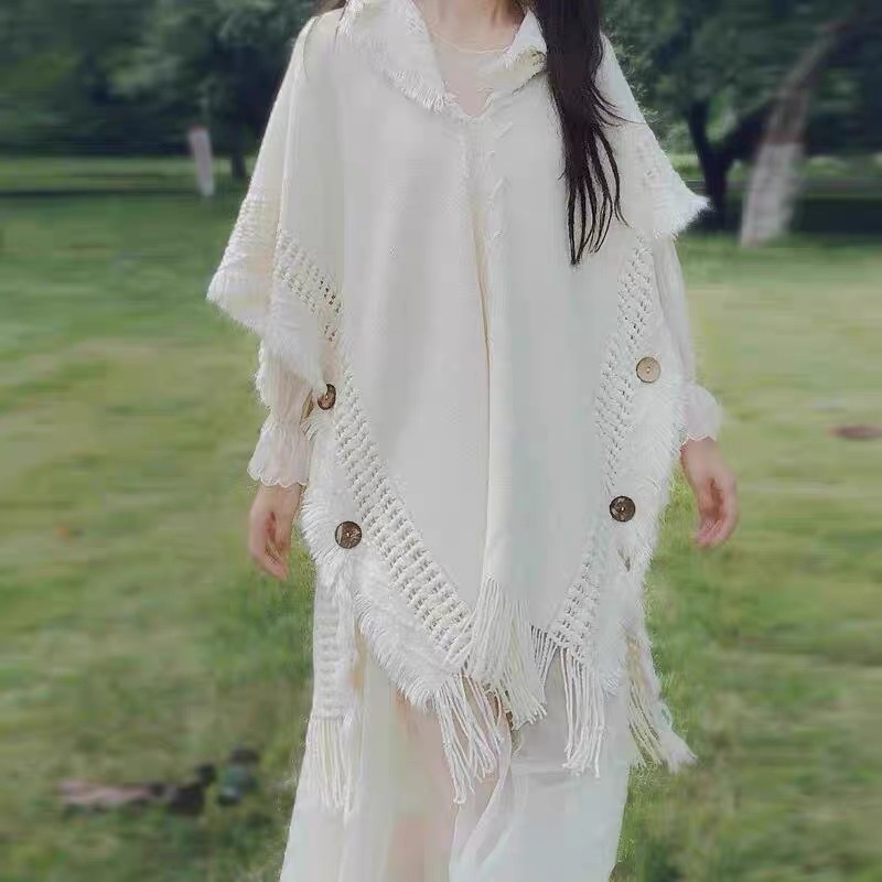 Akril bohem stílusú kapucnis ujjatlan pulóver, középhosszú.