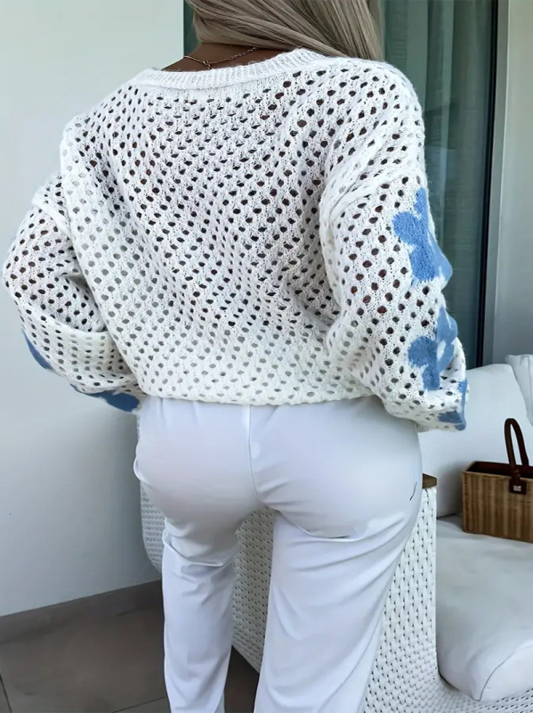 Moteriškas kardiganas su perforuotu gėlių raštu, ilgomis rankovėmis, atvira kaklo linija, vidutinio ilgio poliesterio audinys