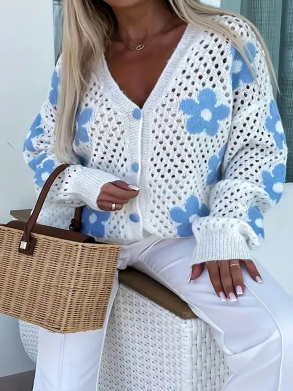 Moteriškas kardiganas su perforuotu gėlių raštu, ilgomis rankovėmis, atvira kaklo linija, vidutinio ilgio poliesterio audinys