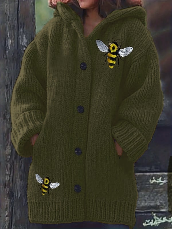 Megztas džemperinis kardiganas su gobtuvu, gyvūnų modeliu, laisvas siluetas, poliesterio audinys, ilgomis rankovėmis, vidutinio ilgio.