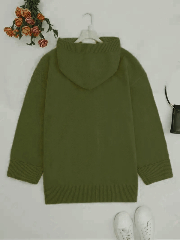 Megztas džemperinis kardiganas su gobtuvu, gyvūnų modeliu, laisvas siluetas, poliesterio audinys, ilgomis rankovėmis, vidutinio ilgio.