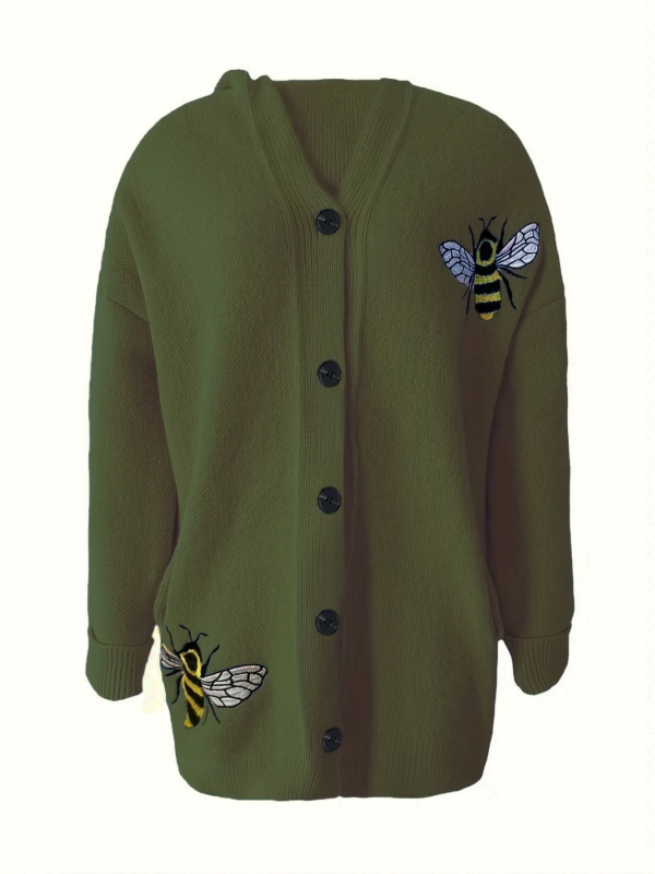 Megztas džemperinis kardiganas su gobtuvu, gyvūnų modeliu, laisvas siluetas, poliesterio audinys, ilgomis rankovėmis, vidutinio ilgio.