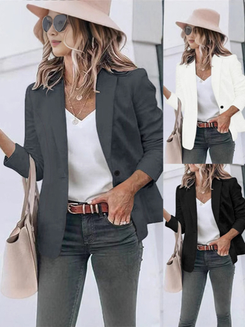 Női egyszínű Casual blézer-kardigán, hosszú ujjú, gallér rever, egygombos zárás, poliészter-spandex keverék, tavasz 2025