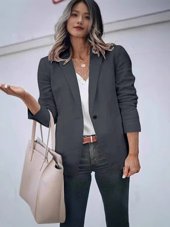 Női egyszínű Casual blézer-kardigán, hosszú ujjú, gallér rever, egygombos zárás, poliészter-spandex keverék, tavasz 2025