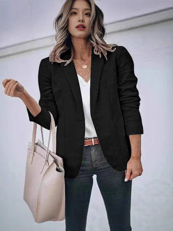 Női egyszínű Casual blézer-kardigán, hosszú ujjú, gallér rever, egygombos zárás, poliészter-spandex keverék, tavasz 2025