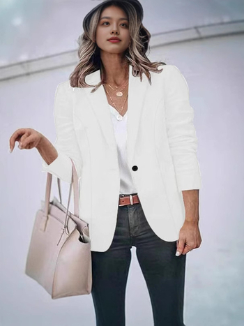 Női egyszínű Casual blézer-kardigán, hosszú ujjú, gallér rever, egygombos zárás, poliészter-spandex keverék, tavasz 2025