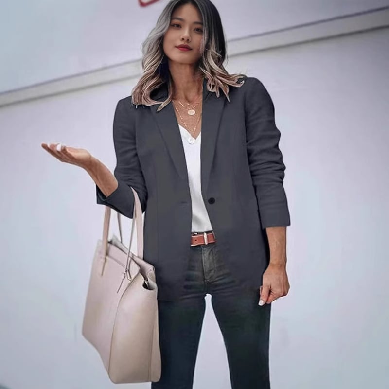 Női egyszínű Casual blézer-kardigán, hosszú ujjú, gallér rever, egygombos zárás, poliészter-spandex keverék, tavasz 2025