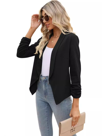 Női elől nyitható kardigán-zakó, karcsú szabás, 3/4 ujjak, zakónyak, poliészter