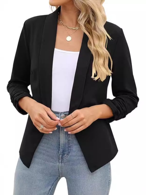 Moteriškas kardiganas-bleizeris su priekinio atidarymo, siauras kirpimas, 3/4 rankovės, kostiumo apykaklė, poliesteris