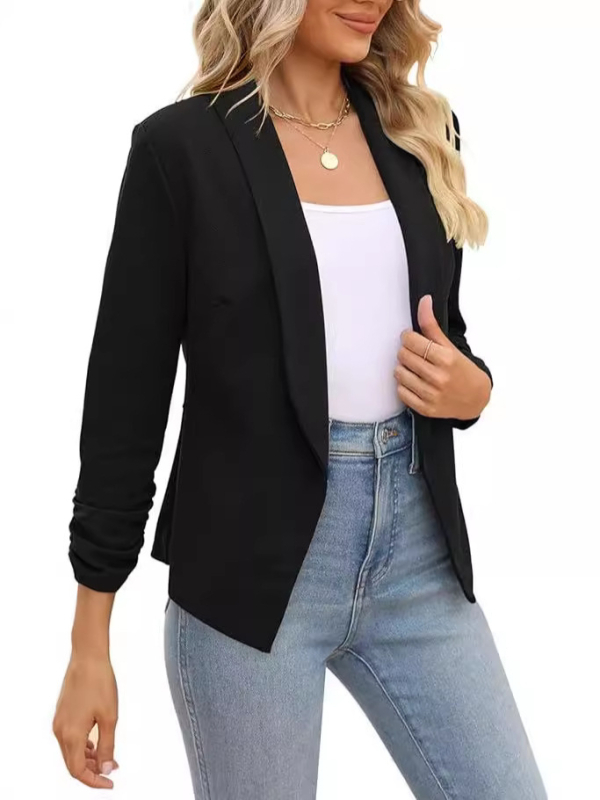 Női elől nyitható kardigán-zakó, karcsú szabás, 3/4 ujjak, zakónyak, poliészter