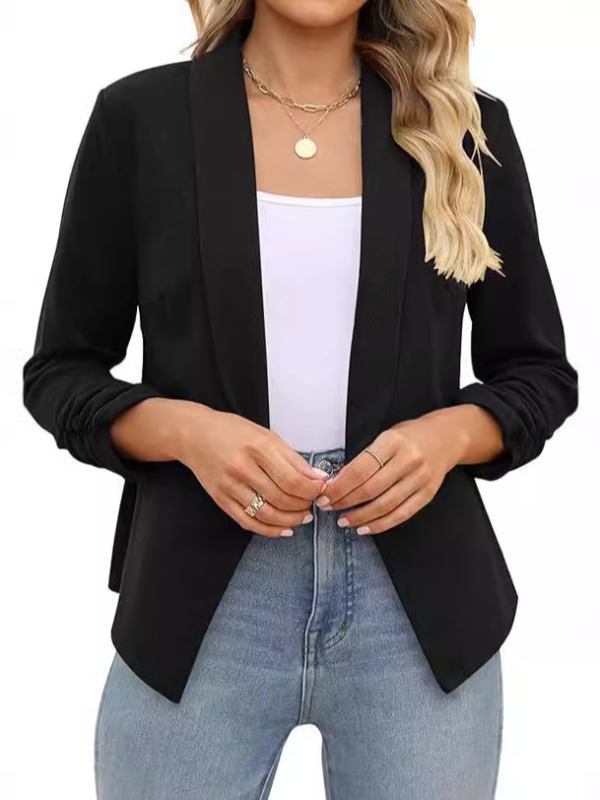 Női elől nyitható kardigán-zakó, karcsú szabás, 3/4 ujjak, zakónyak, poliészter