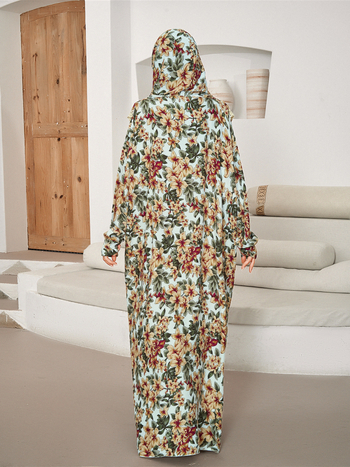 Μουσουλμανική ρόμπα με κουκούλα για προσευχή, δαντέλα και φλοράλ εκτύπωση – μακρύ ίσιο φόρεμα από βισκόζη, Άνοιξη 2024