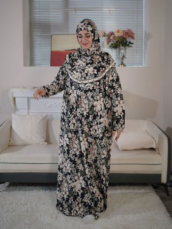 Μουσουλμανική ρόμπα με κουκούλα για προσευχή, δαντέλα και φλοράλ εκτύπωση – μακρύ ίσιο φόρεμα από βισκόζη, Άνοιξη 2024