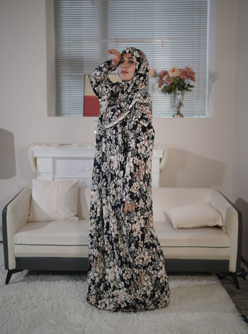 Μουσουλμανική ρόμπα με κουκούλα για προσευχή, δαντέλα και φλοράλ εκτύπωση – μακρύ ίσιο φόρεμα από βισκόζη, Άνοιξη 2024