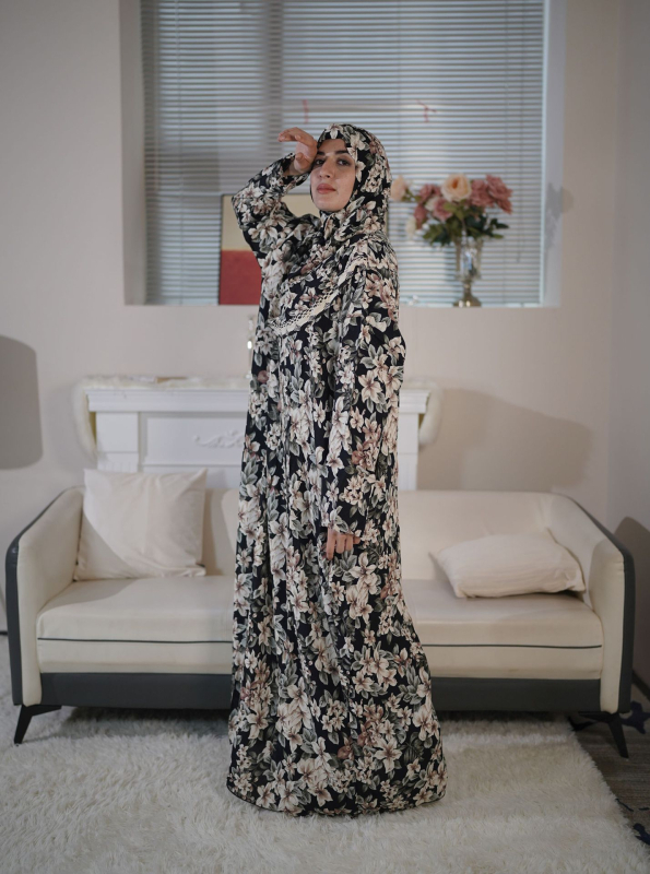 Μουσουλμανική ρόμπα με κουκούλα για προσευχή, δαντέλα και φλοράλ εκτύπωση – μακρύ ίσιο φόρεμα από βισκόζη, Άνοιξη 2024