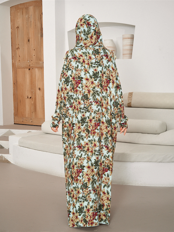 Μουσουλμανική ρόμπα με κουκούλα για προσευχή, δαντέλα και φλοράλ εκτύπωση – μακρύ ίσιο φόρεμα από βισκόζη, Άνοιξη 2024