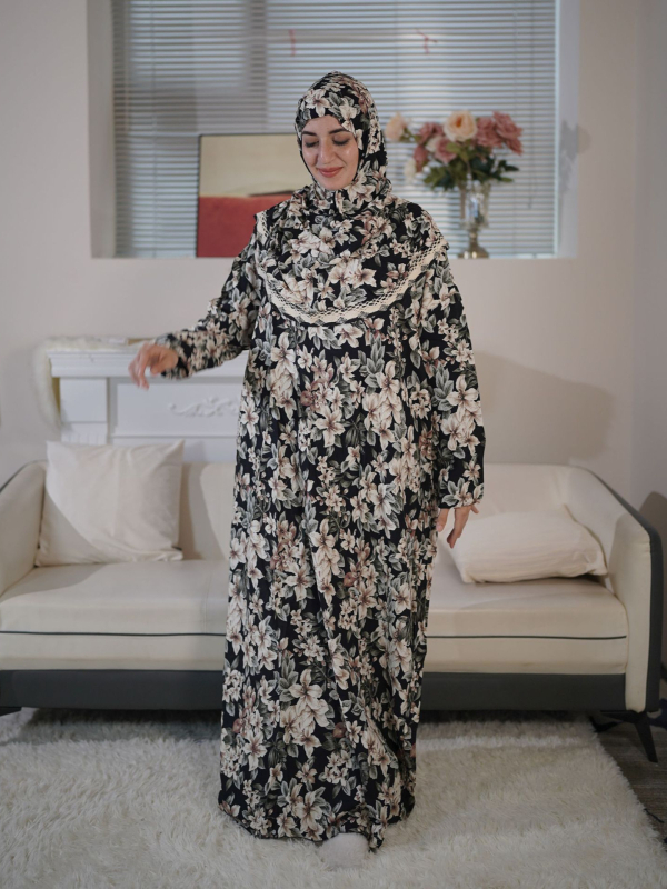 Μουσουλμανική ρόμπα με κουκούλα για προσευχή, δαντέλα και φλοράλ εκτύπωση – μακρύ ίσιο φόρεμα από βισκόζη, Άνοιξη 2024