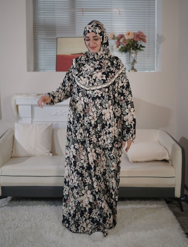 Μουσουλμανική ρόμπα με κουκούλα για προσευχή, δαντέλα και φλοράλ εκτύπωση – μακρύ ίσιο φόρεμα από βισκόζη, Άνοιξη 2024