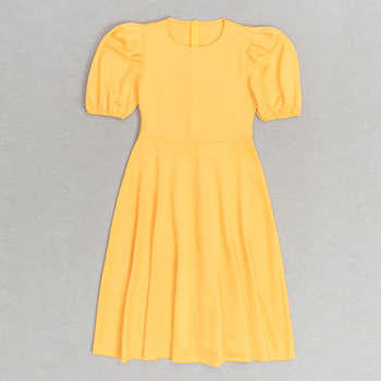 Midi рокля от памучно-полиестер смес, кръгла яка, пуф ръкави