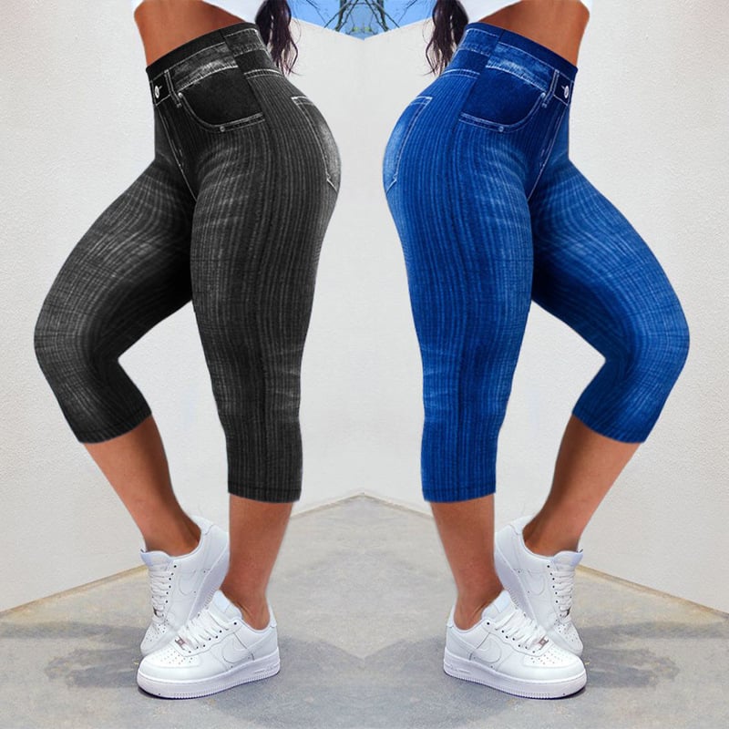 Džinsų imitacijos leggings, cropped ilgis, poliesterio-elastano mišinys, 90–95% elastano, siauras kirpimas, 3D tekstūra