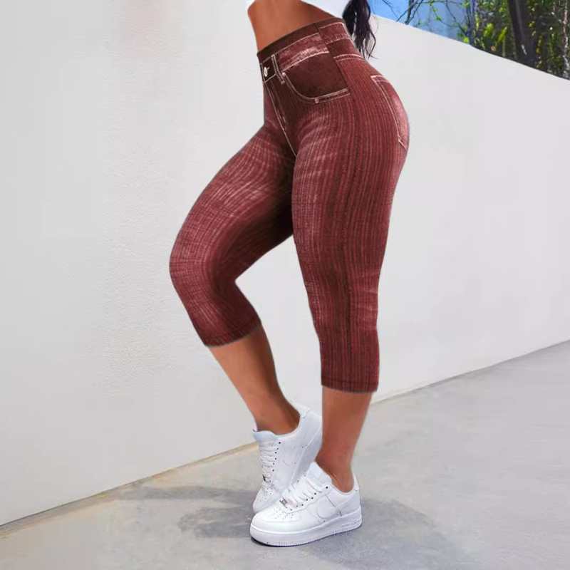 Džinsų imitacijos leggings, cropped ilgis, poliesterio-elastano mišinys, 90–95% elastano, siauras kirpimas, 3D tekstūra
