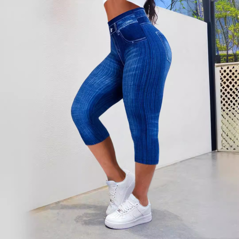 Džinsų imitacijos leggings, cropped ilgis, poliesterio-elastano mišinys, 90–95% elastano, siauras kirpimas, 3D tekstūra