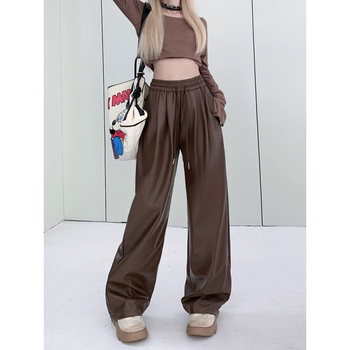 Moteriškos kasdienės kelnės su aukštu juosmeniu ir plačiomis kojomis, akrilinis audinys, mikroelastika, spaudinys