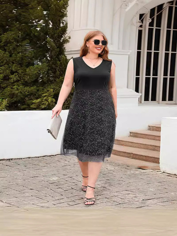 Рокля с V-образно деколте, без ръкави, А‑линия, висока талия, смес от полиестер и акрил