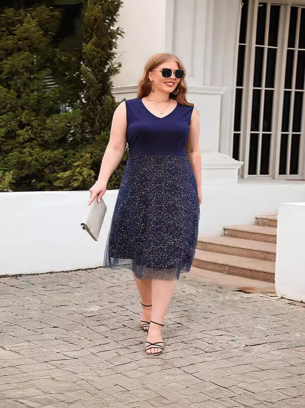 Rochie fără mâneci cu decolteu în V, croială A-line, talie înaltă, din amestec poliester/acril