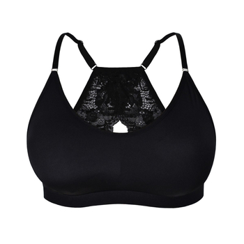 Moterų sportinis liemenėlis su pilnais puodeliais, vidutiniškai formuoti puodeliai, nugaros užsegimas su trimis kabliukais, fiksuotos dvigubos petnešos, kvėpuojantis poliesteris su spandekso įdaru