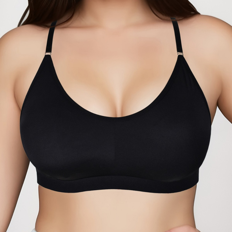 Moterų sportinis liemenėlis su pilnais puodeliais, vidutiniškai formuoti puodeliai, nugaros užsegimas su trimis kabliukais, fiksuotos dvigubos petnešos, kvėpuojantis poliesteris su spandekso įdaru