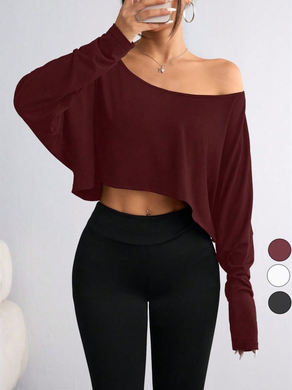 Ferde vállú crop top, hosszú ujjú, bolyhos felület, Milk Silk anyag, poliészter-spandex keverék, rövid hossz, szabad szabás