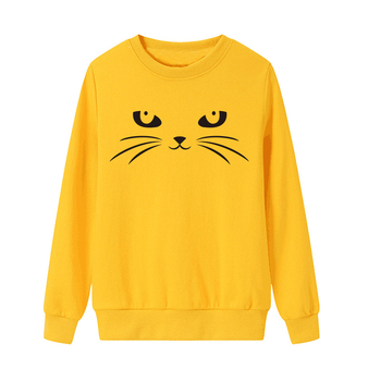 Pulover din bumbac cu imprimeu de pisică, guler rotund, mâneci lungi, croială slim, toamnă 2023